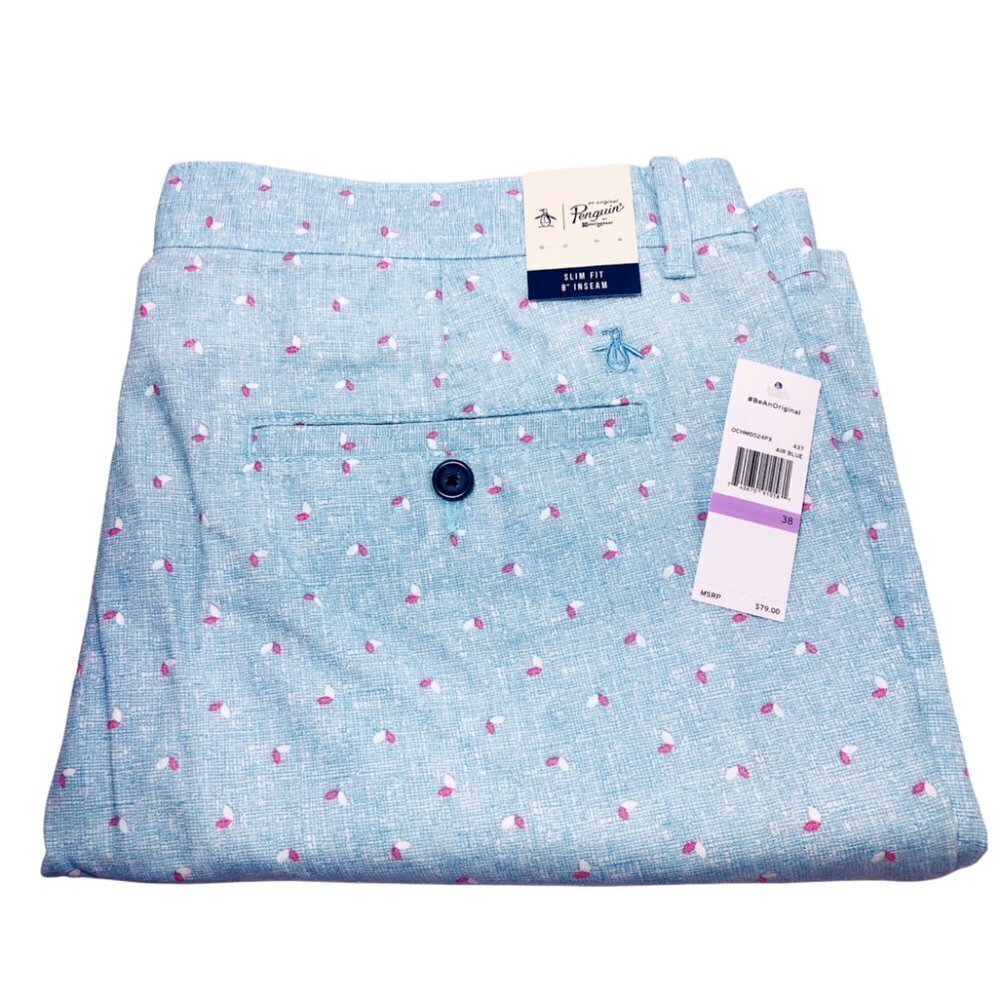 Original Penguin Mens Light Blue Bermuda Shorts Pockets Geo Print Sz 38 New - Picture 6 of 12